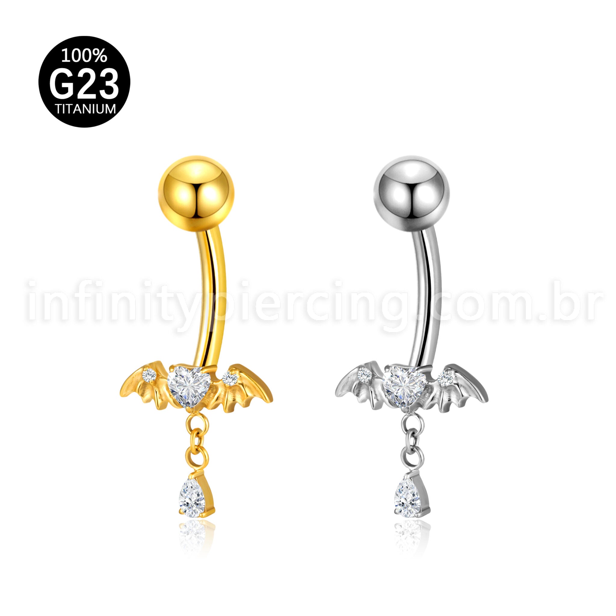 Piercing Banana Titânio Coração Zircônia Com Asas De Morcego